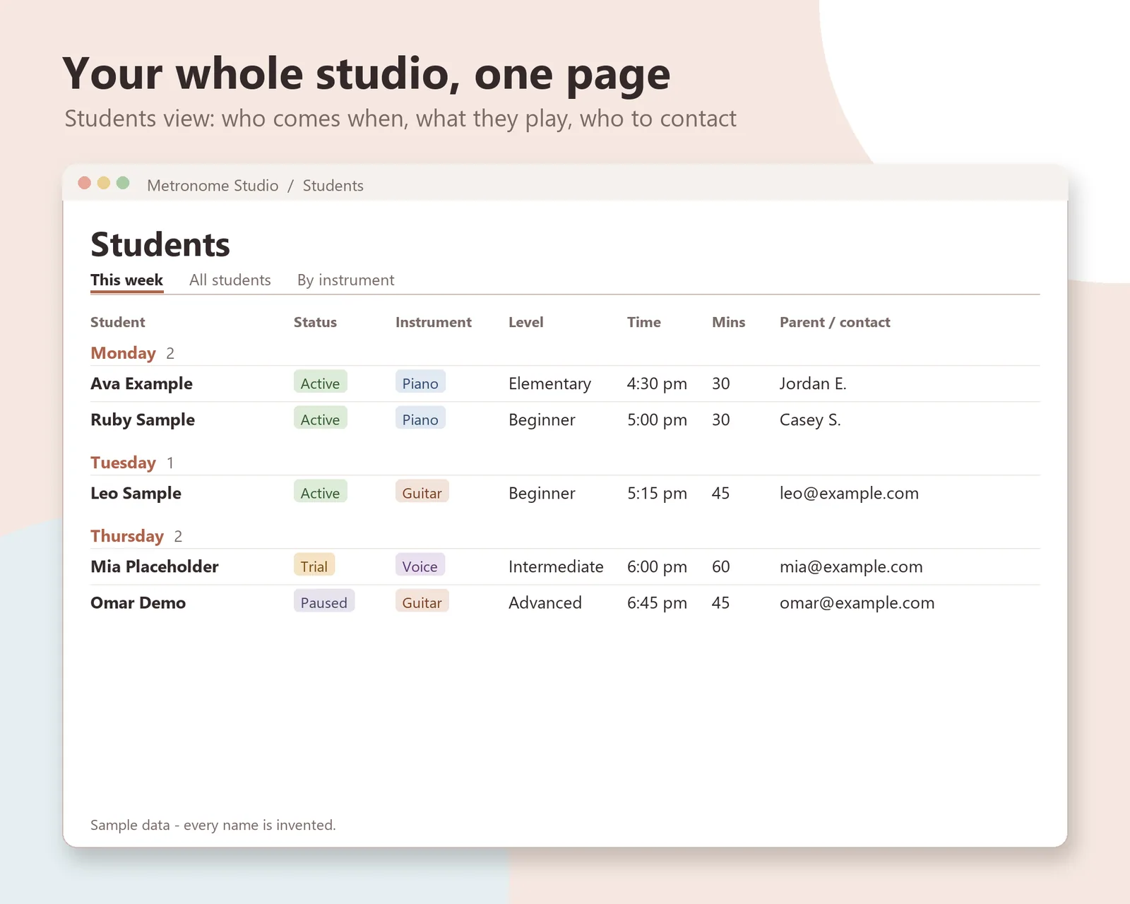 Students: who comes when, what they play, who to contact